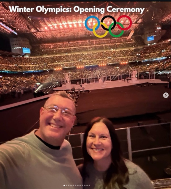 Aaron and Amanda at the Winter Olympics opening ceremony in Milan